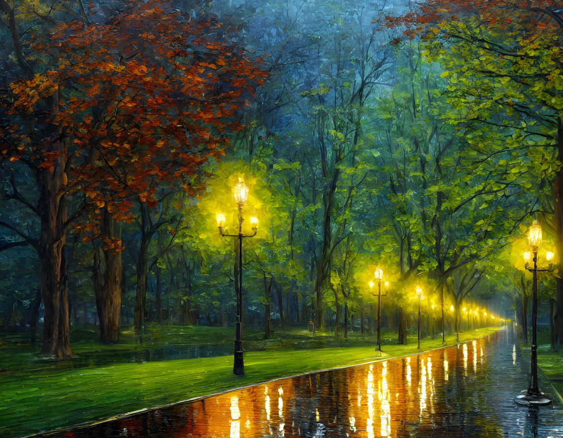 Rain-soaked park with illuminated lamp posts and autumnal trees