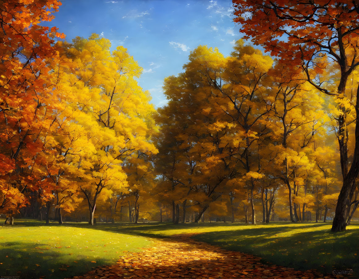 Tranquil Autumn Park Scene with Golden Leaves and Sunlight