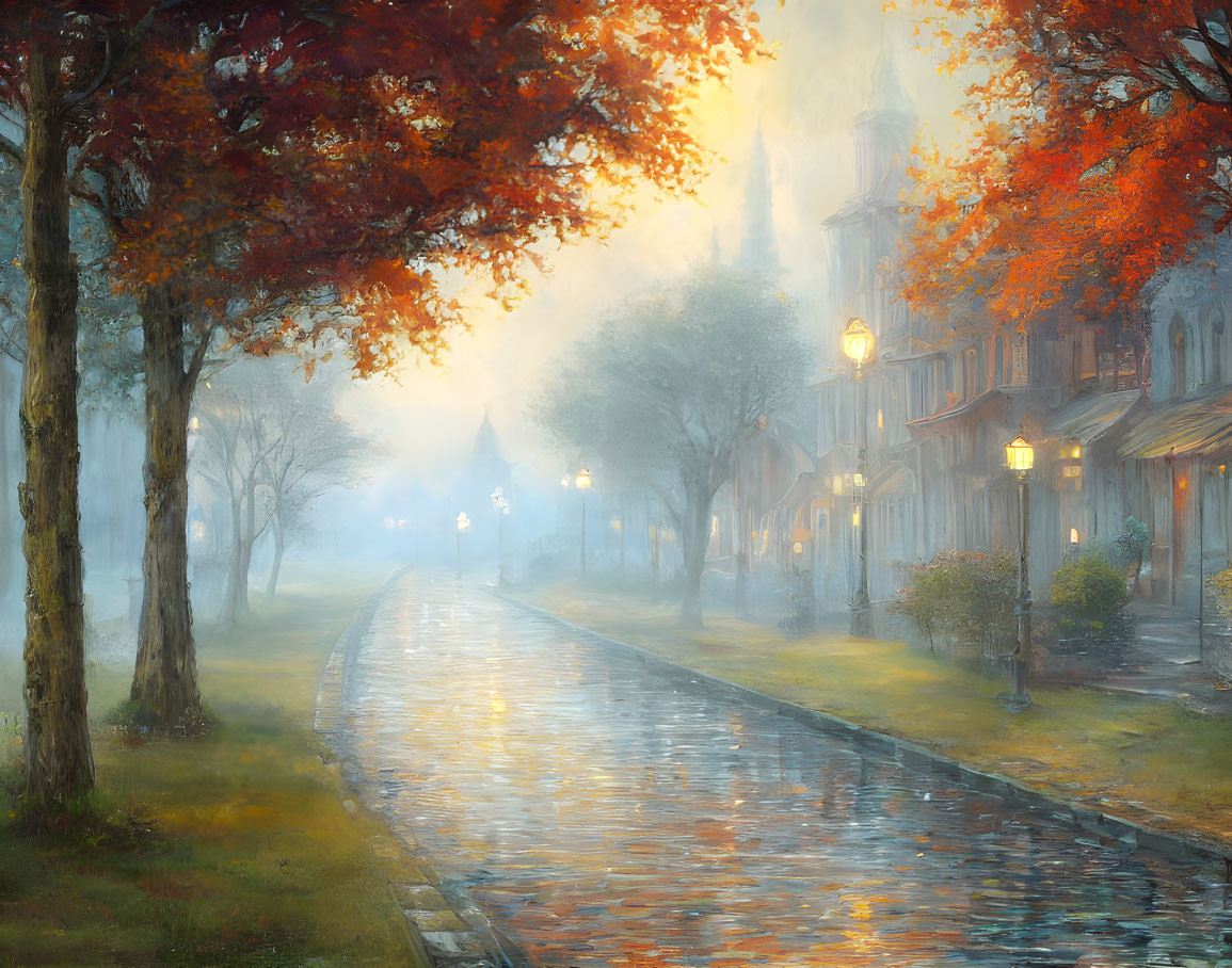 Misty cobblestone street with glowing streetlamps and autumn trees at dusk