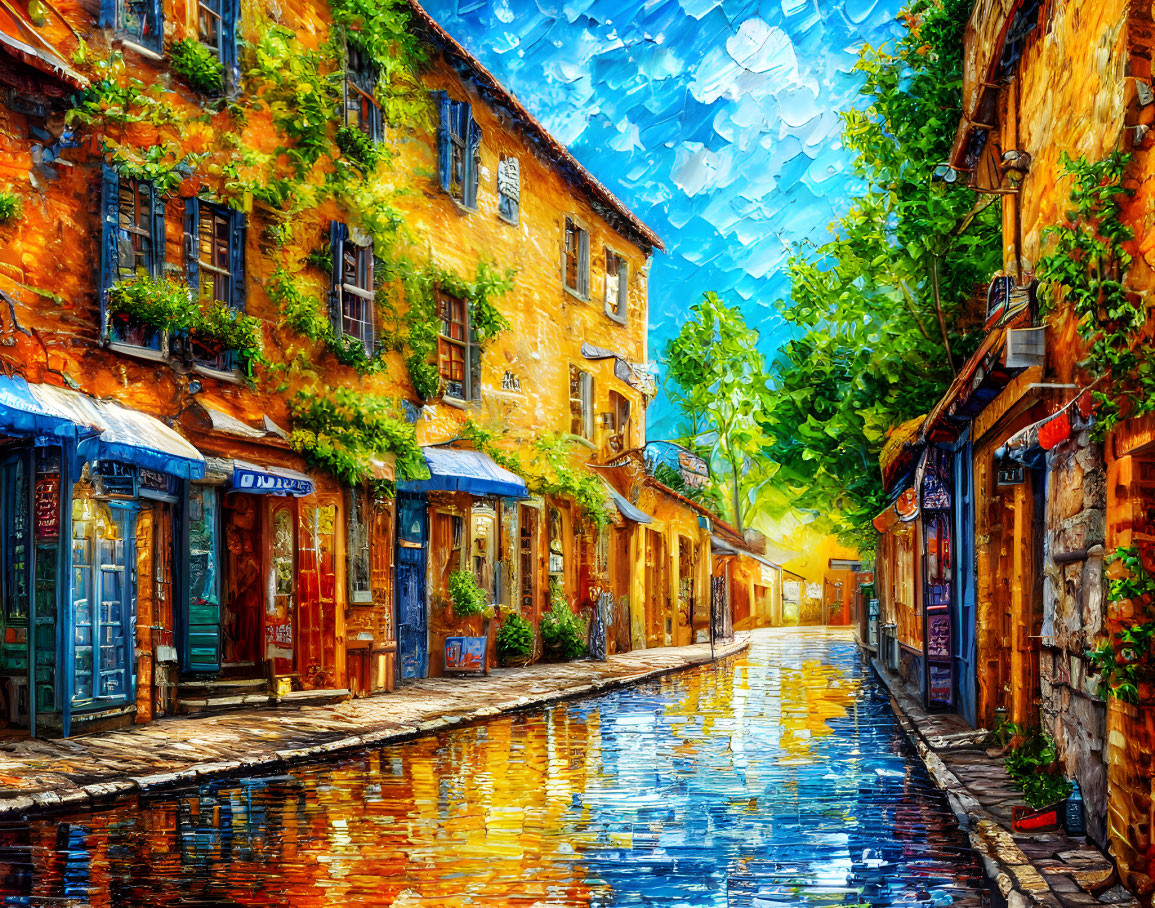 Colorful cobblestone street scene with shops and sunny sky.