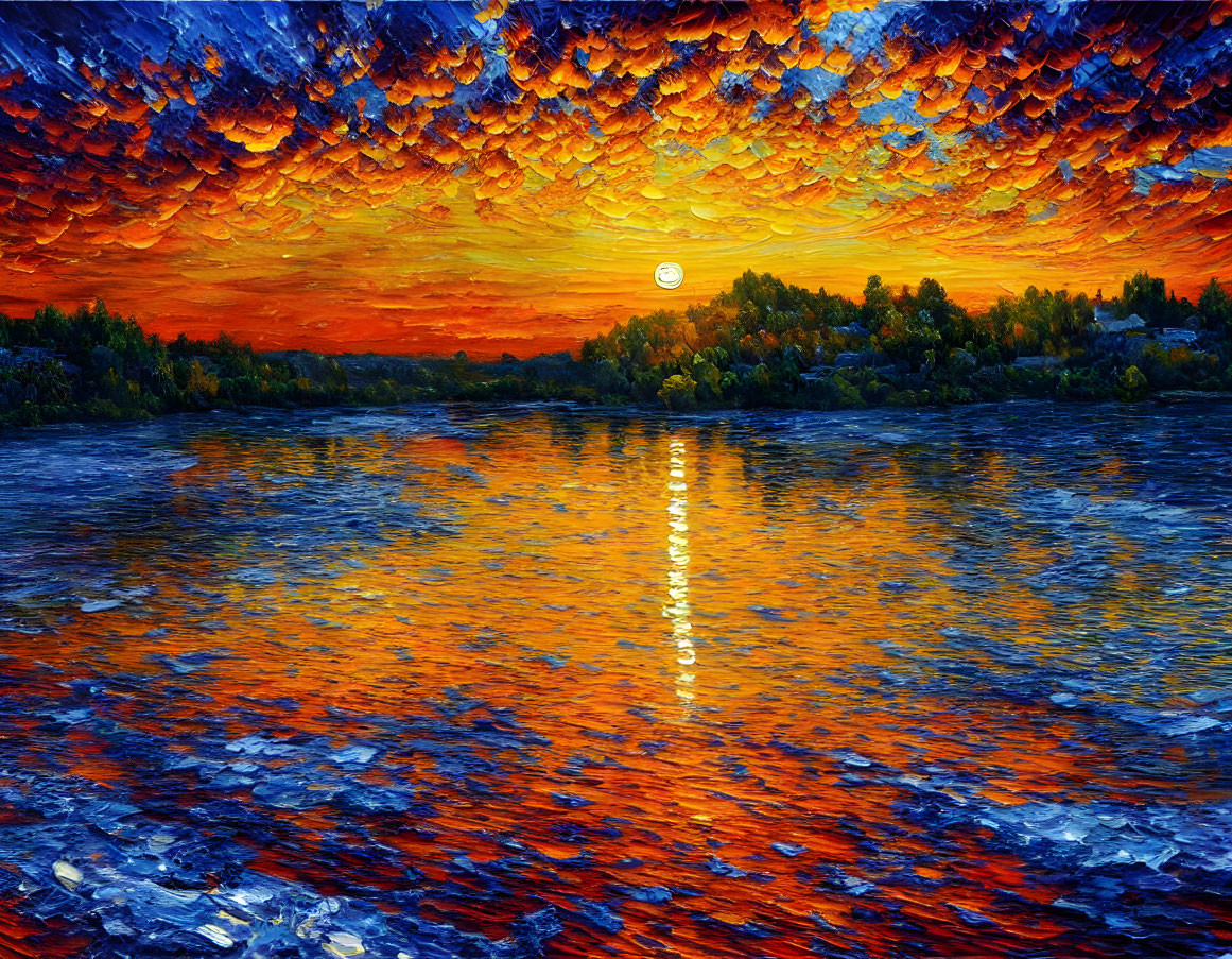 Fiery sunset reflected on tranquil water with forested shoreline