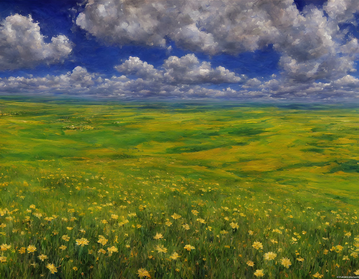 Colorful oil painting: green meadow, yellow wildflowers, dynamic sky