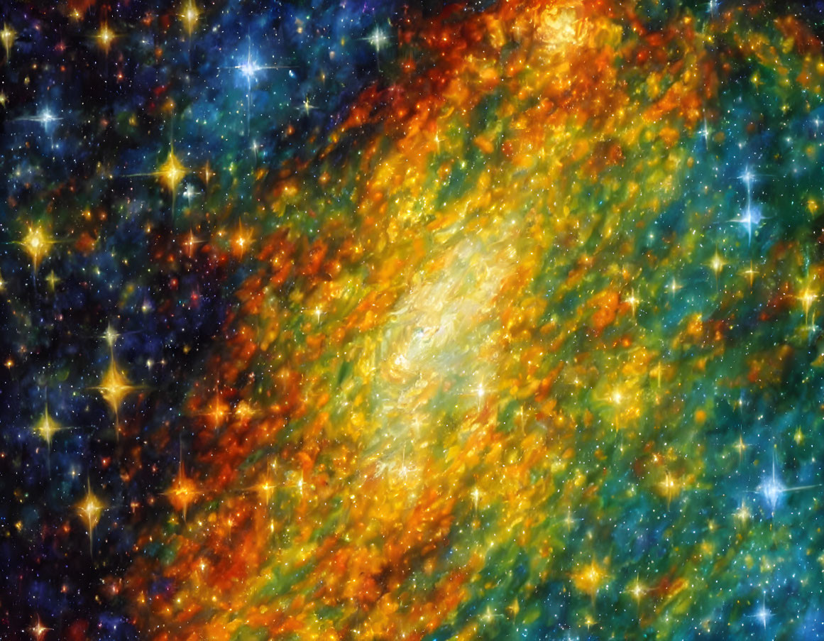 Colorful swirling galaxy with bright stars and interstellar clouds in blue, orange, and yellow