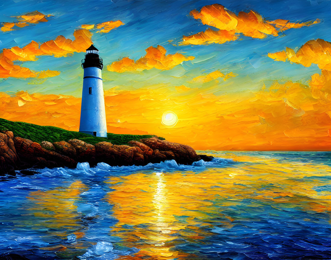 White Lighthouse Painting on Rocky Cliff with Sunset Sky