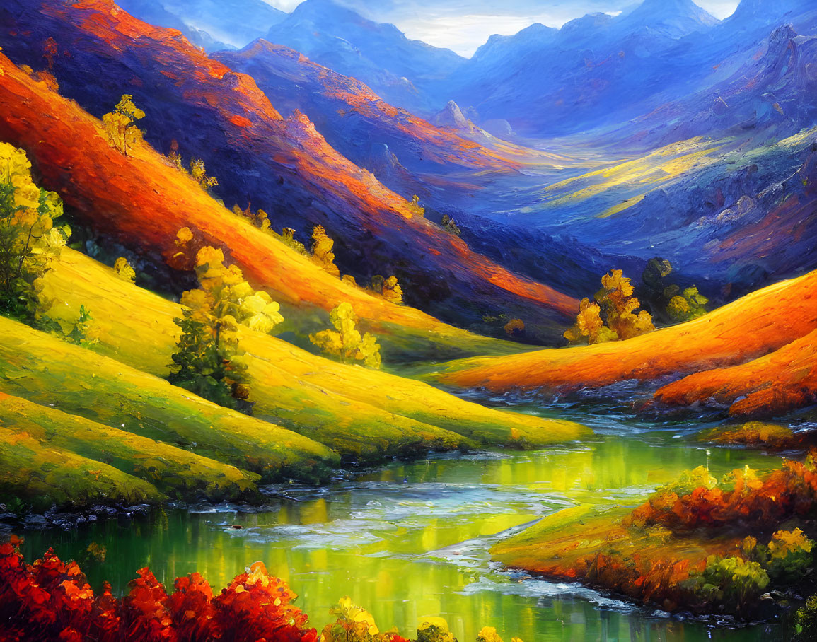 Colorful Autumn Landscape with Serene River & Majestic Mountains