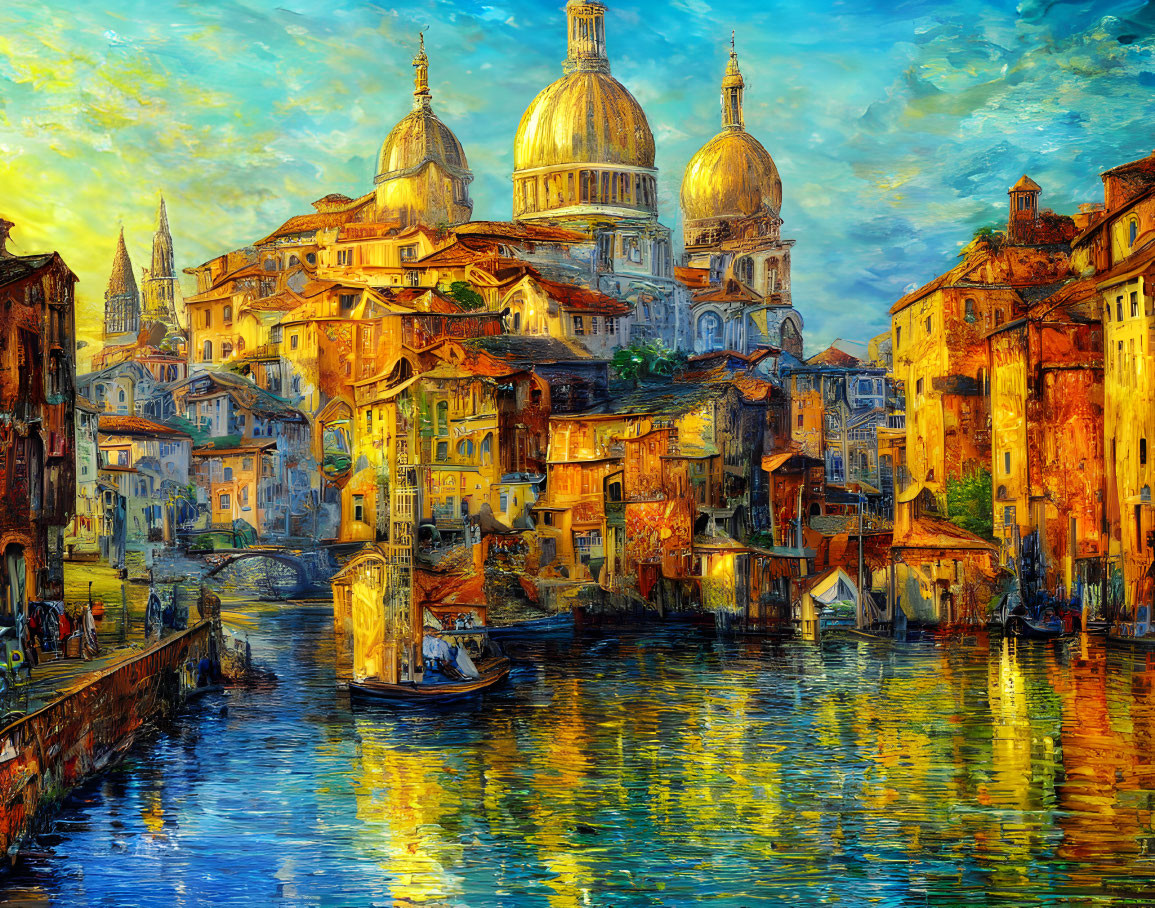 Impressionist-style painting: Venetian canal with gondolas