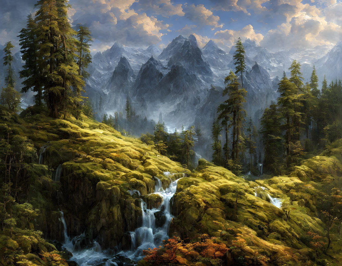 Tranquil autumn landscape with mossy waterfalls, foggy mountains, and blue sky