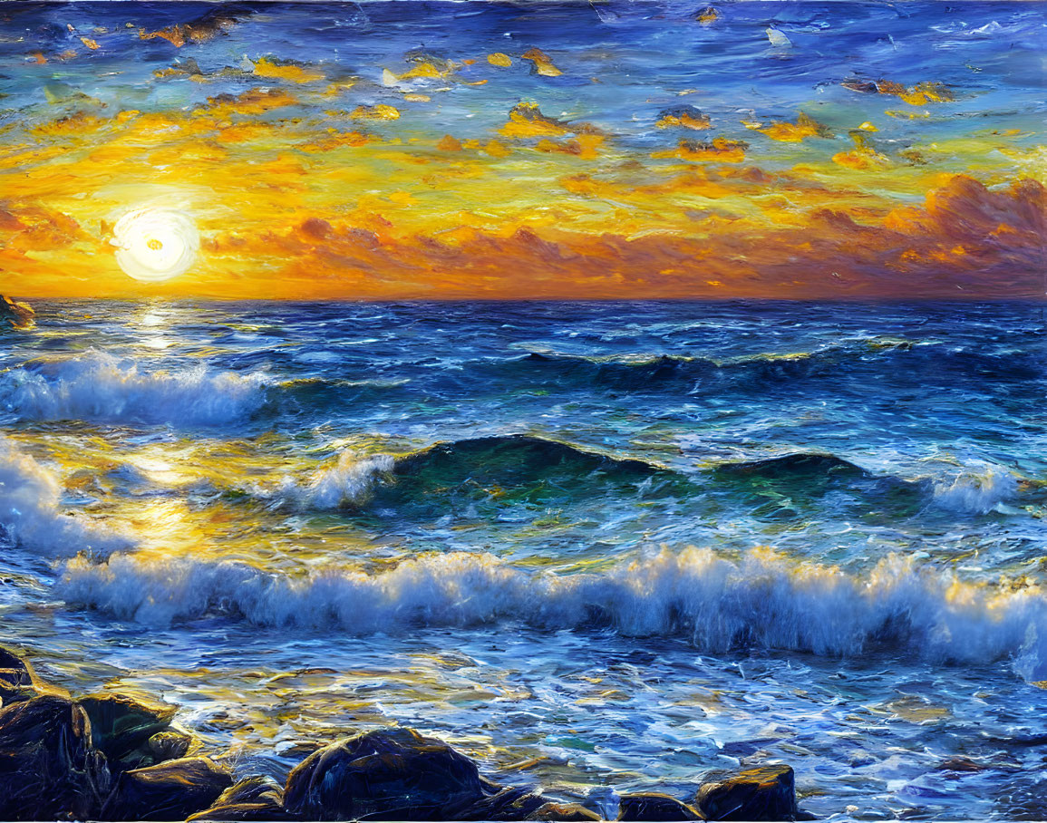 Colorful sunset painting over turbulent sea with dramatic sky