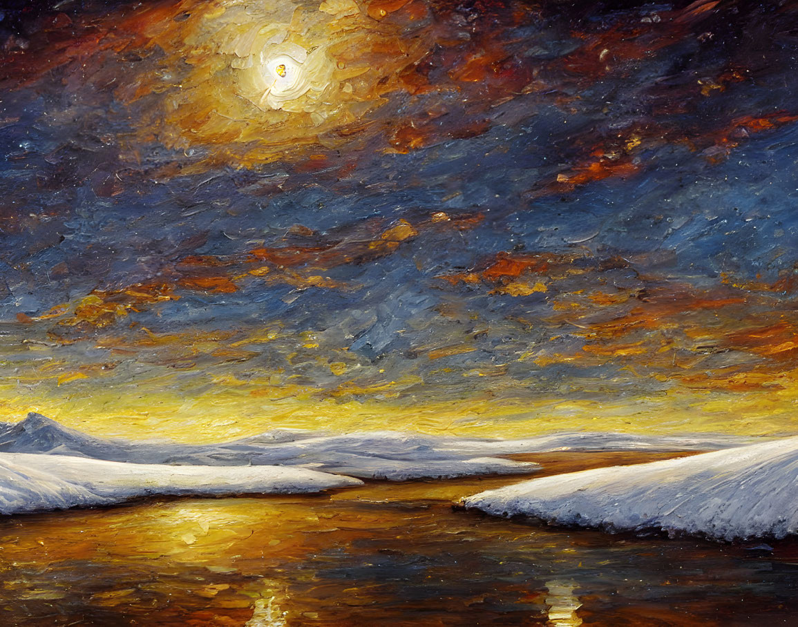 Vibrant Impressionistic Sunset Over Snow-Covered Banks