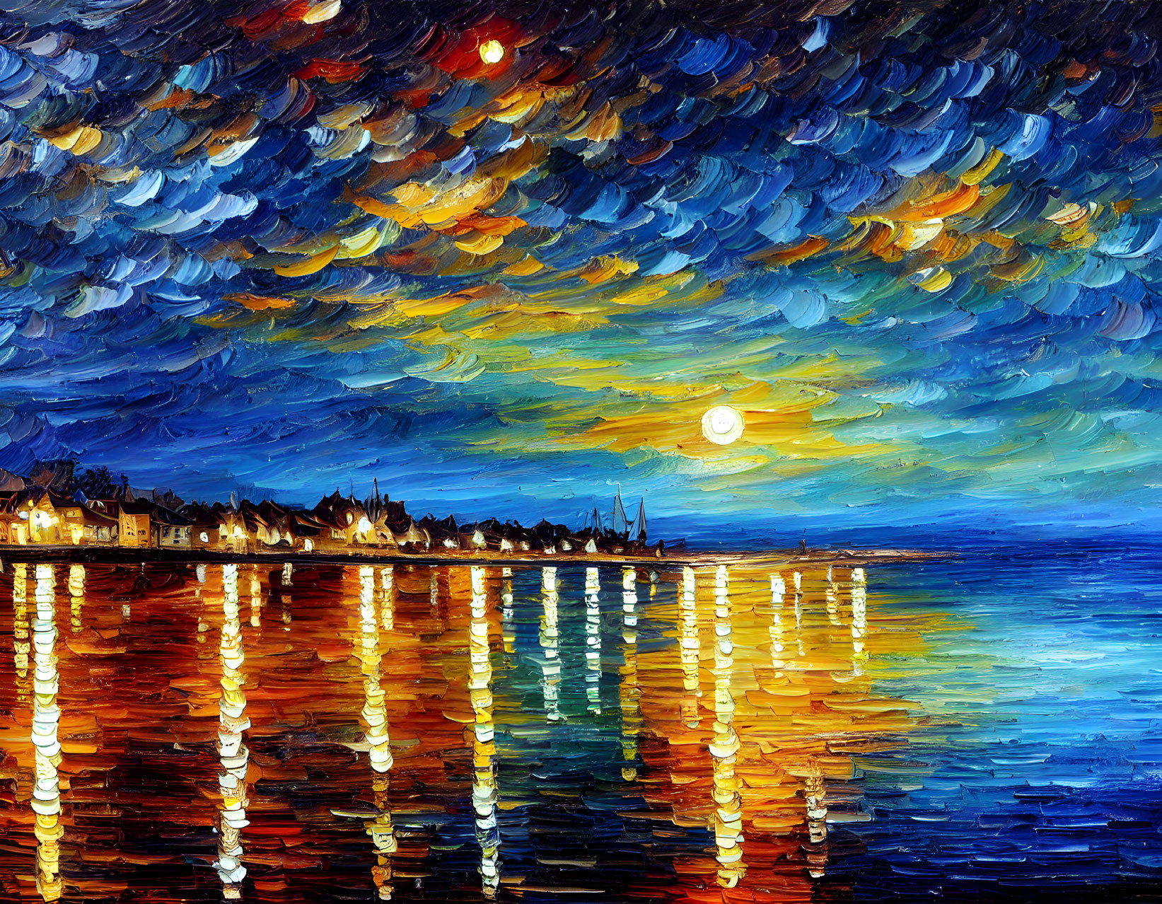 Impressionist-style moonlit coastal town painting with dynamic brushstrokes