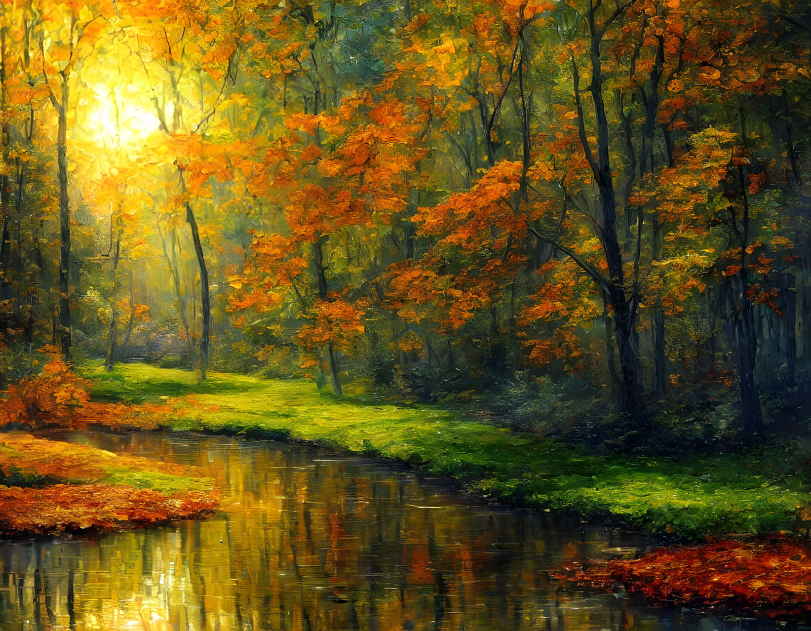 Tranquil autumn forest with stream and golden leaves