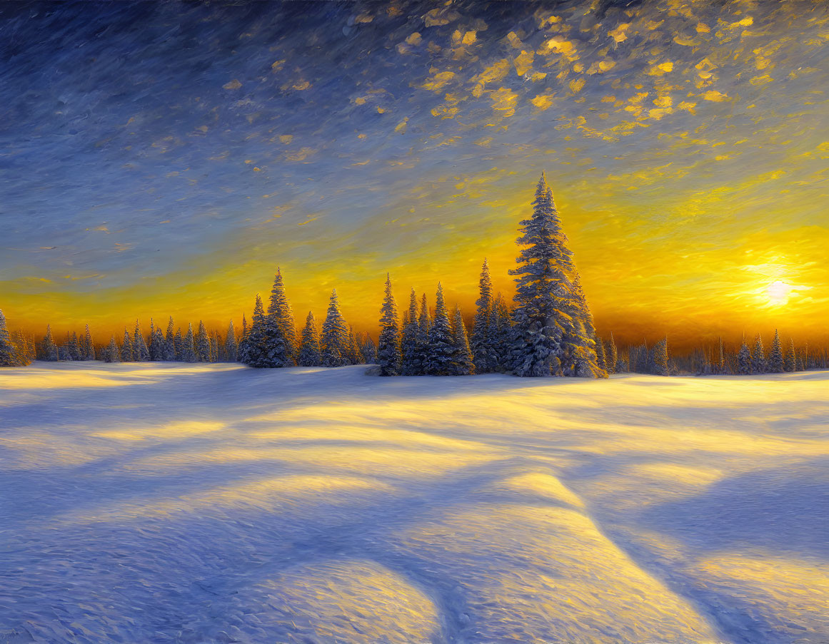 Snow-covered winter landscape with sunset sky and tall evergreens