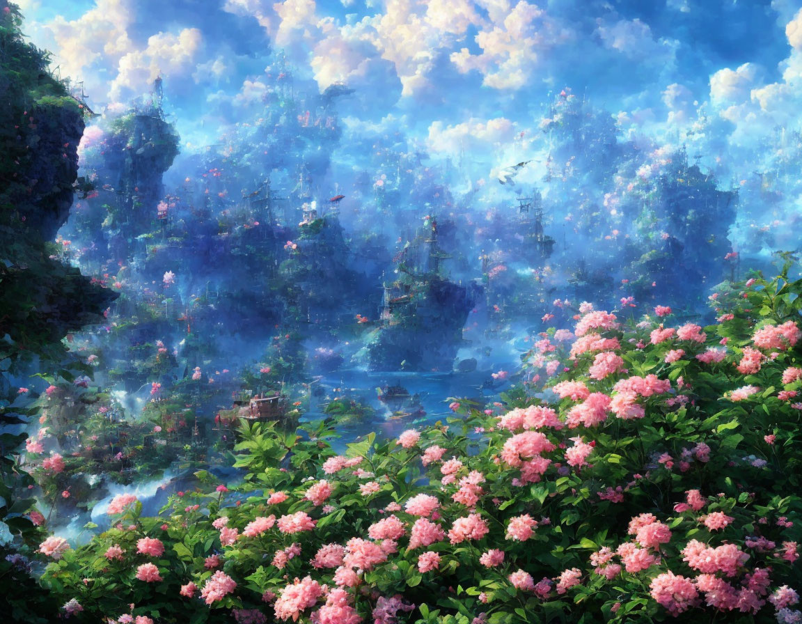 Serene landscape with lush greenery, pink flowers, and castle-like structures