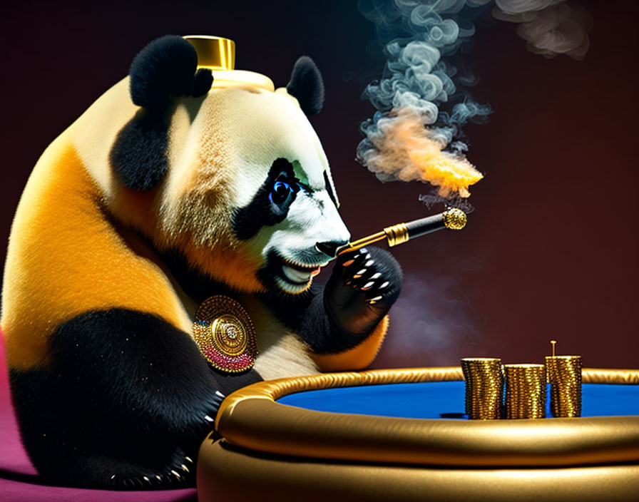 Anthropomorphic panda playing poker with gold coins and smoking a cigar