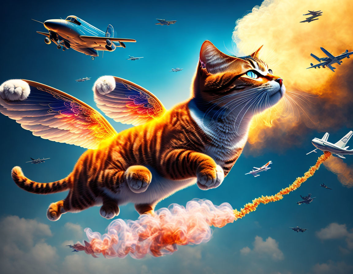 Giant winged cat flying with planes in the sky