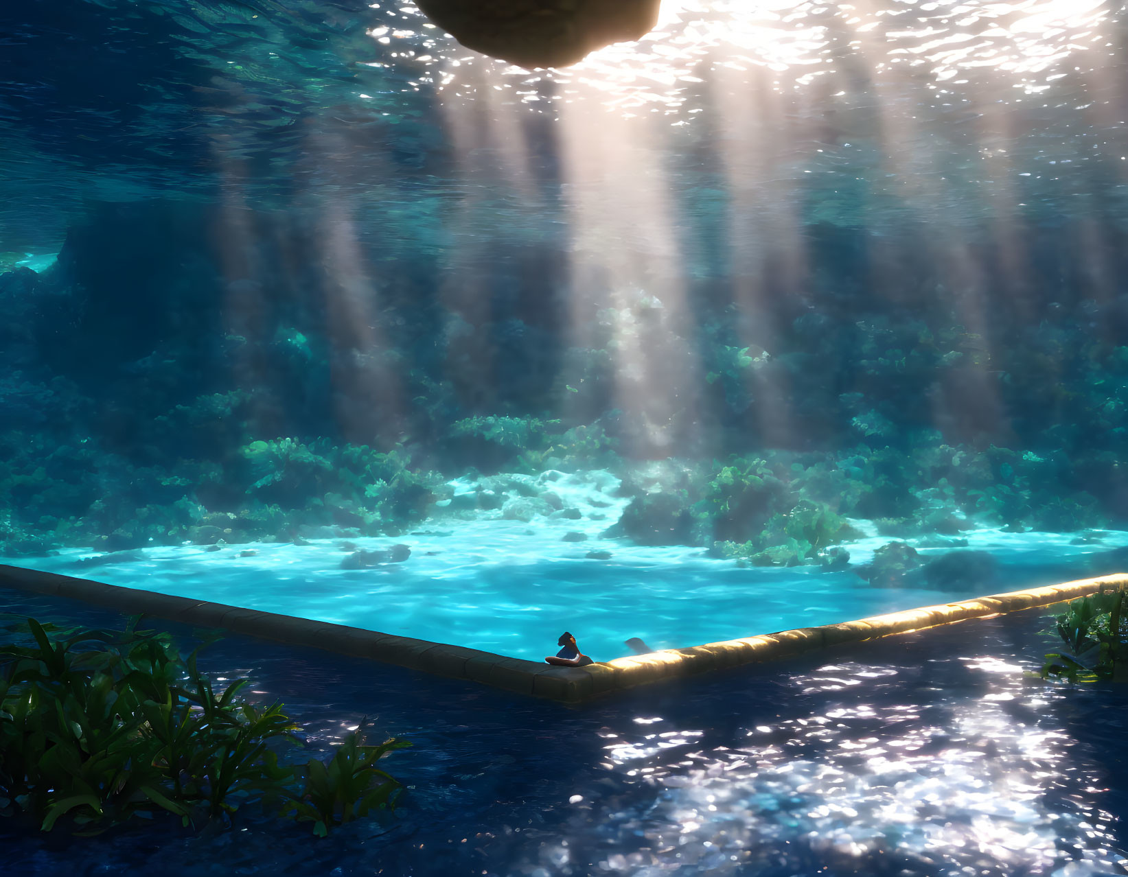 Tranquil underwater scene with person on ledge