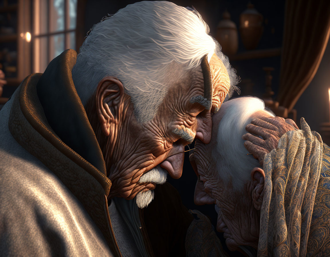 Elderly couple sharing a tender moment in warm lighting