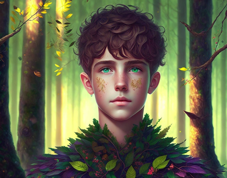 Young person with curly brown hair and green eyes in enchanted forest portrait