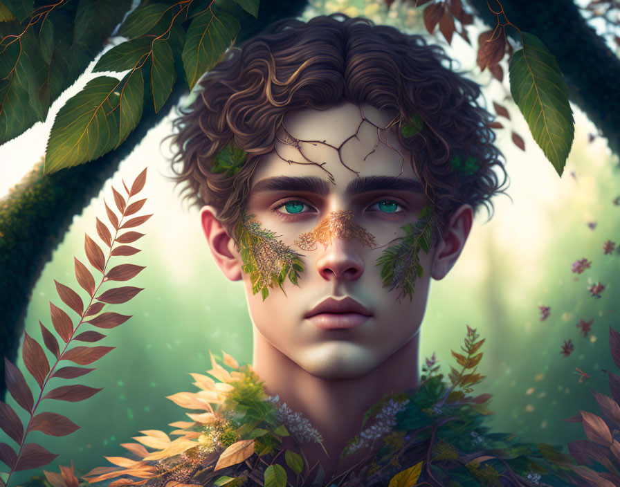 Digital portrait featuring person with foliage and leaves integrated into skin