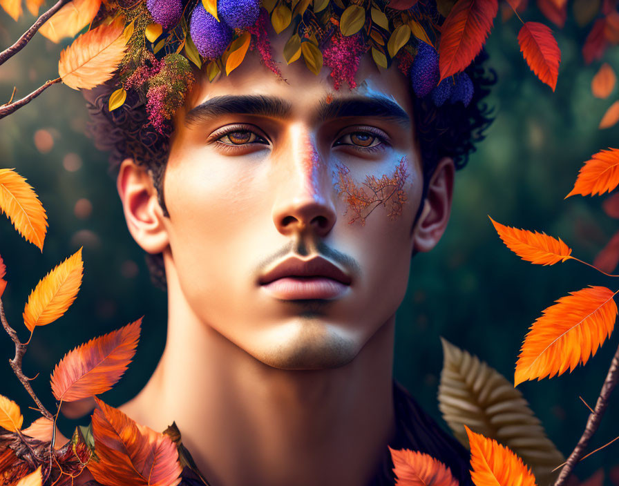 Person with Autumn Crown & Leaf Face Paint in Vibrant Portrait