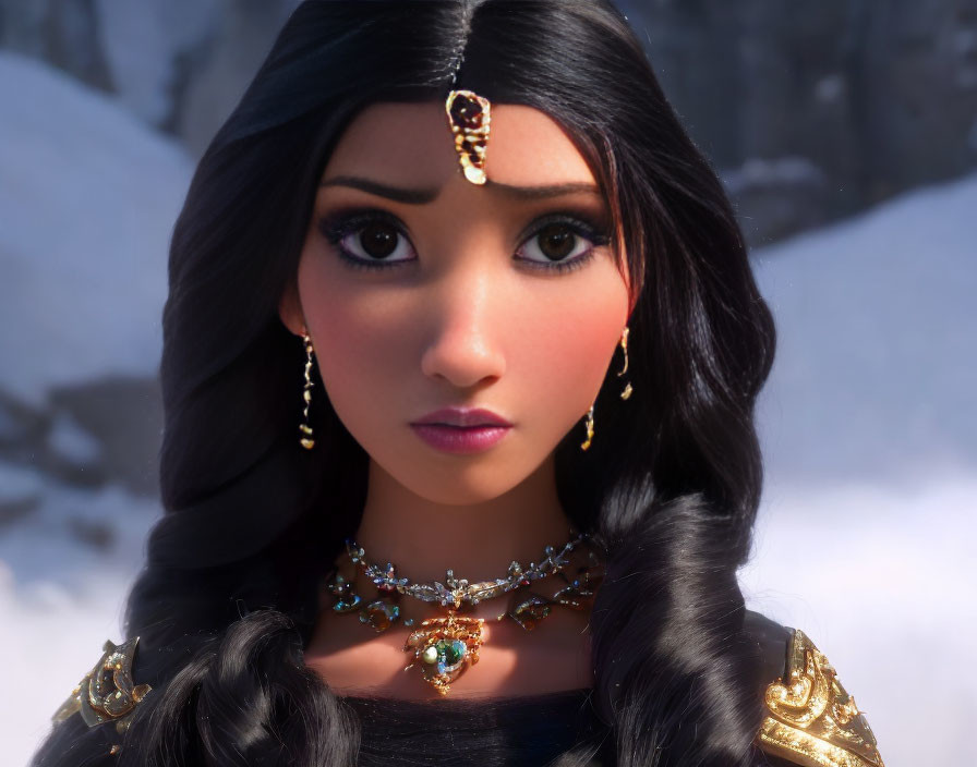 Dark-haired female character with golden jewelry in snowy setting