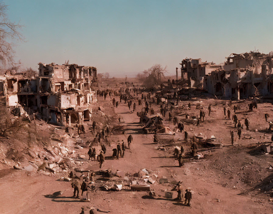 Destroyed town with rubble and ruined buildings.