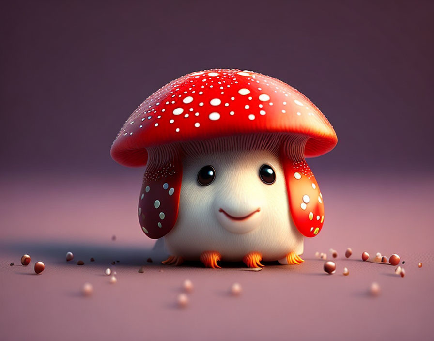 Colorful creature with red mushroom cap and smiling face illustration