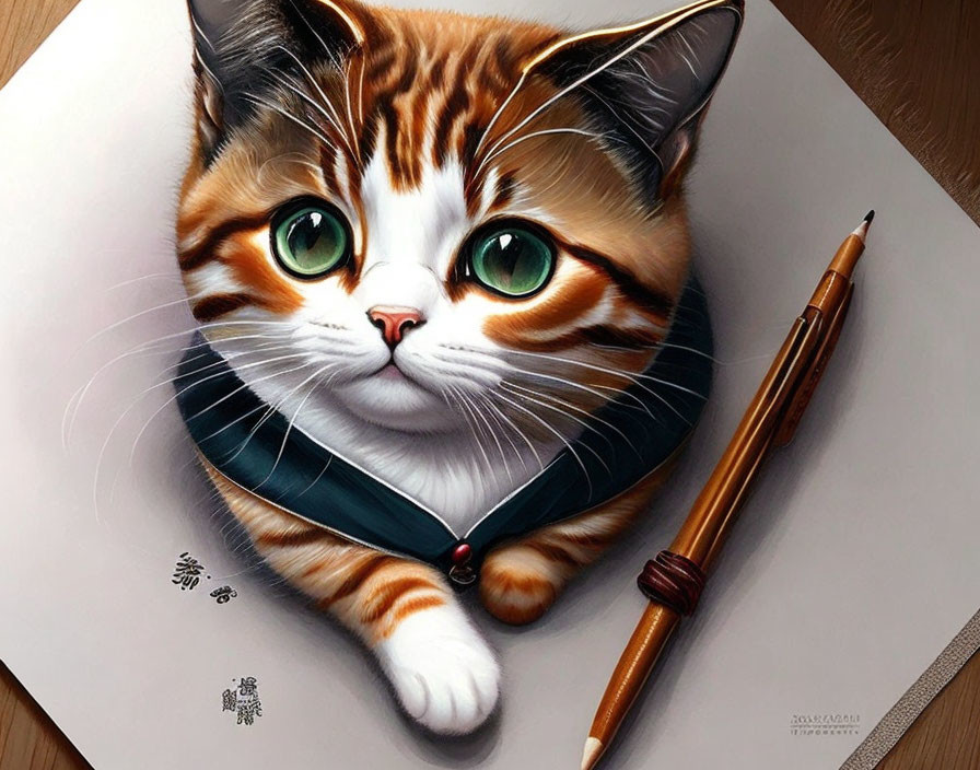 Detailed Hyper-Realistic Cat Illustration with Bandana and Pencil