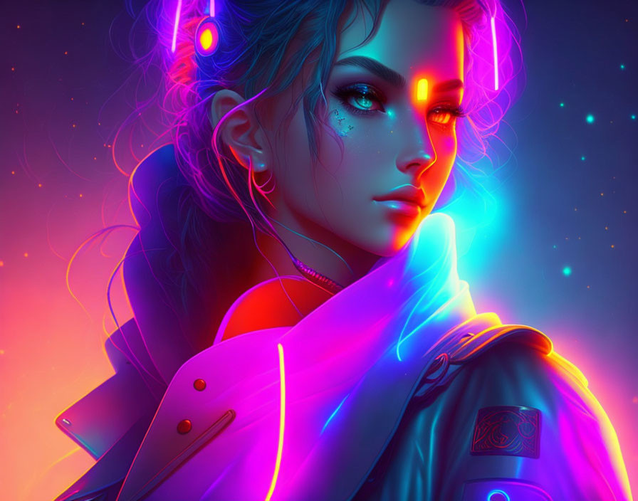 Digital portrait of woman with neon lighting, cyberpunk aesthetic, headphones, and glowing tattoos