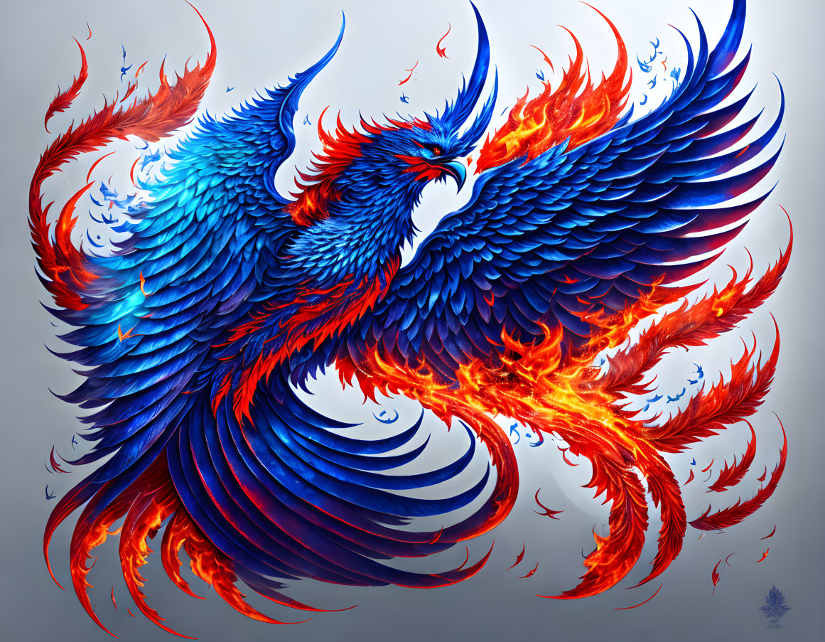 Colorful Digital Art: Blue Phoenix with Red and Orange Feathers