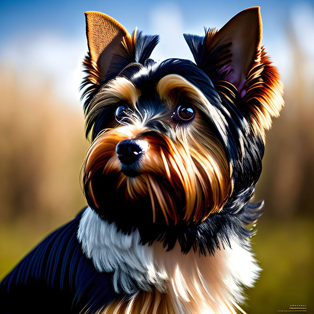 Yorkshire Terrier with glossy coat and bright eyes in nature setting