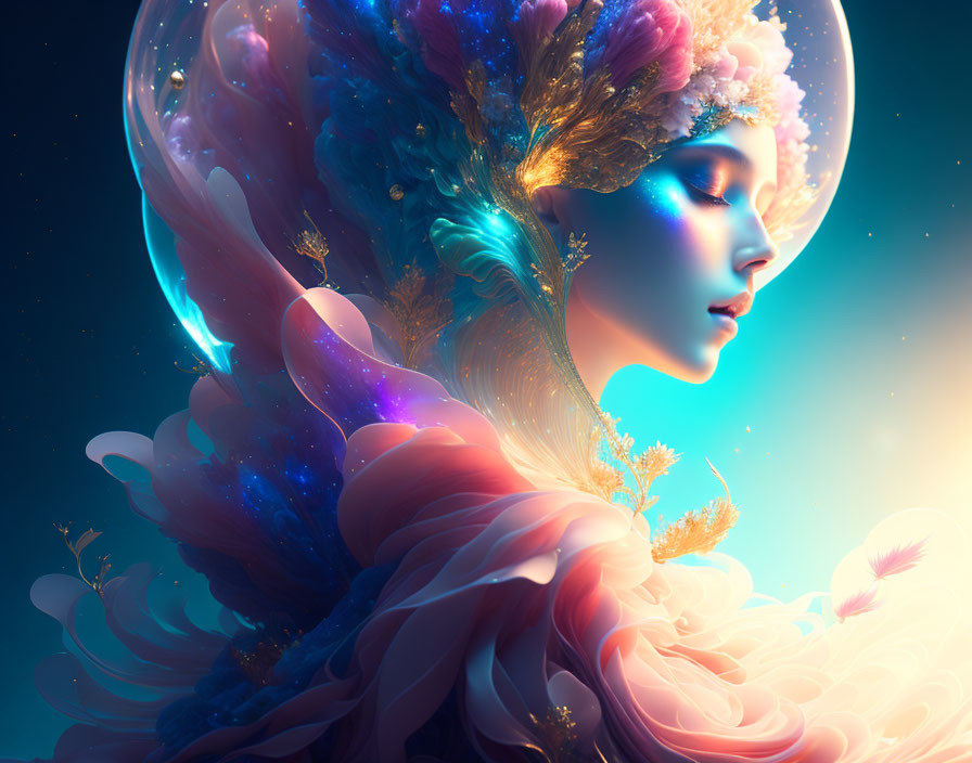 Ethereal portrait of a woman with celestial wings and glowing headdress