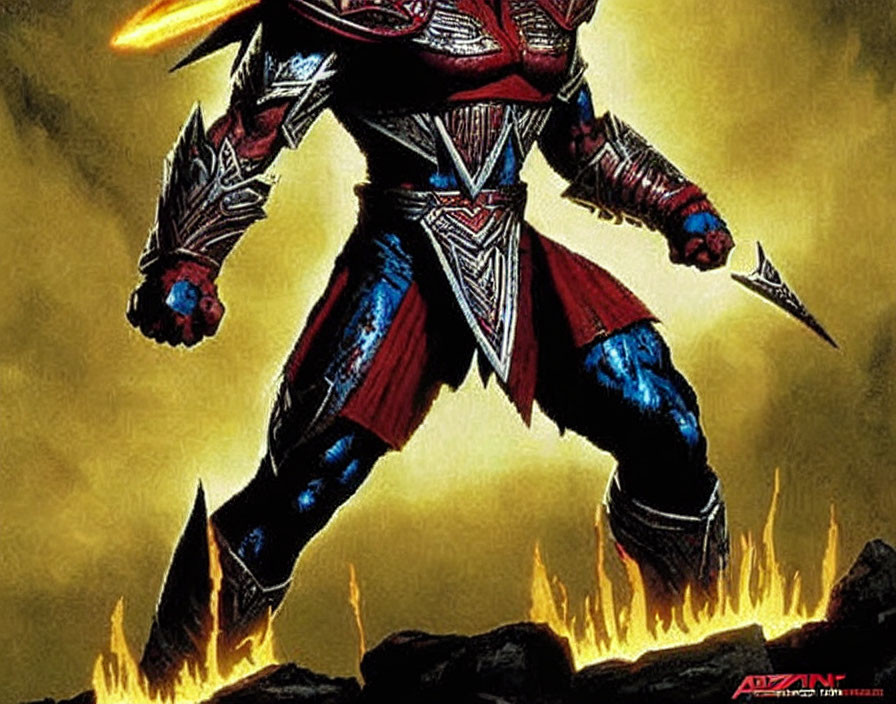 Armored warrior in red and silver suit amidst flames