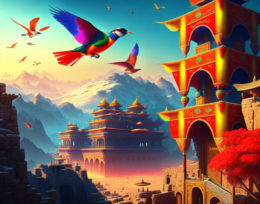 Colorful bird flying by ornate palaces with golden roofs, mountains, and blue sky