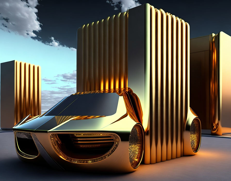 Futuristic golden car in urban setting with skyscrapers at dusk