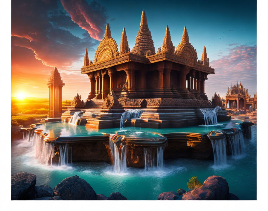 Traditional temple with spires near turquoise waterfalls at sunset