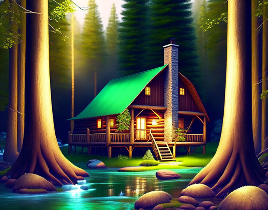 Rustic wooden cabin with green roof by tranquil stream at dusk