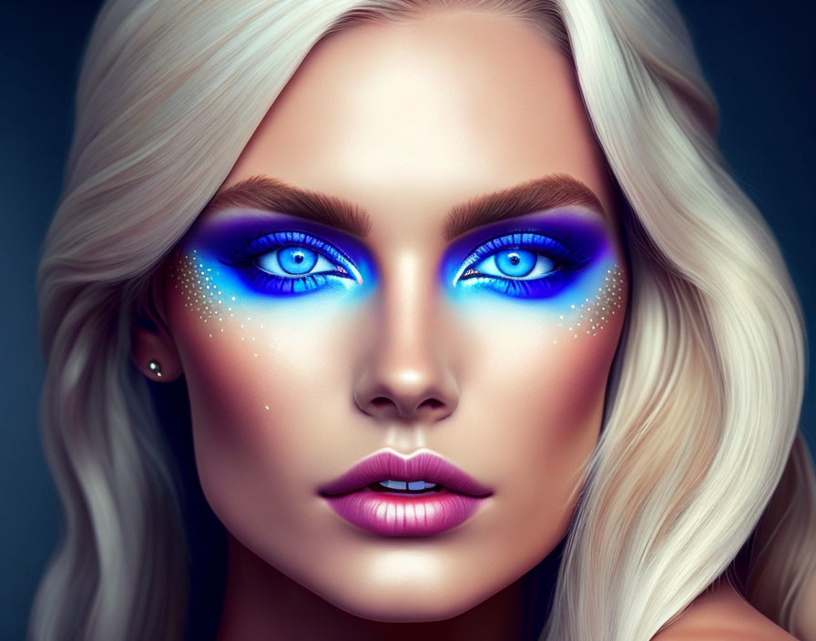 Portrait of Woman with Blue Eyes, Eyeshadow, and Face Gems