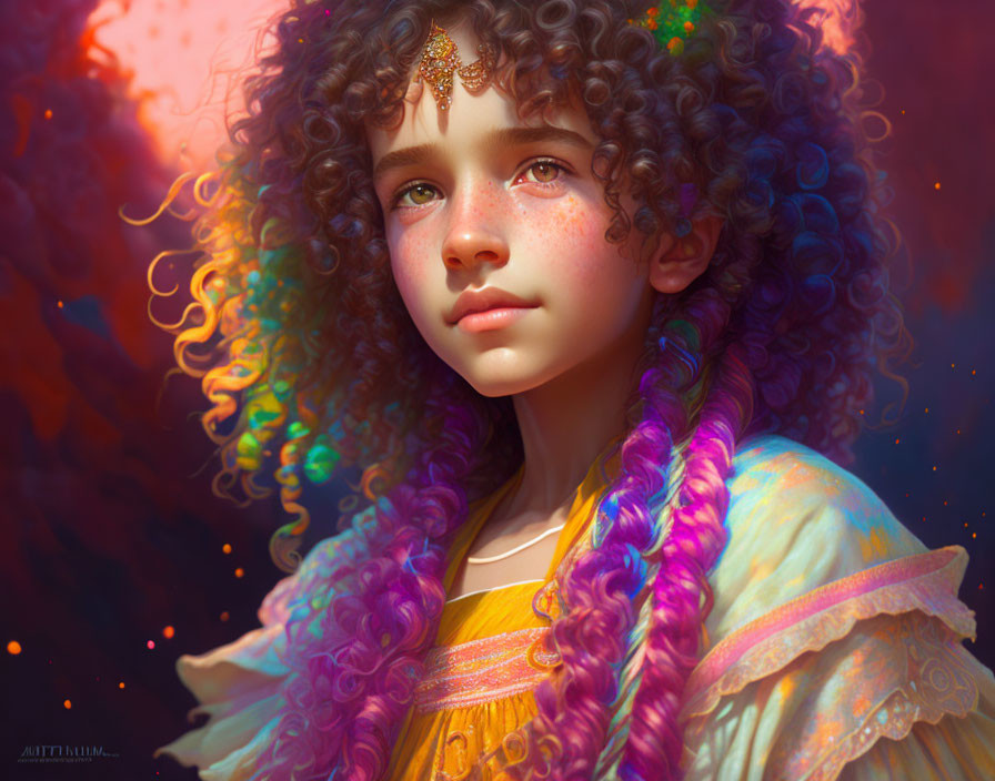 Multicolored Curly Hair Girl in Yellow Outfit with Golden Headpiece