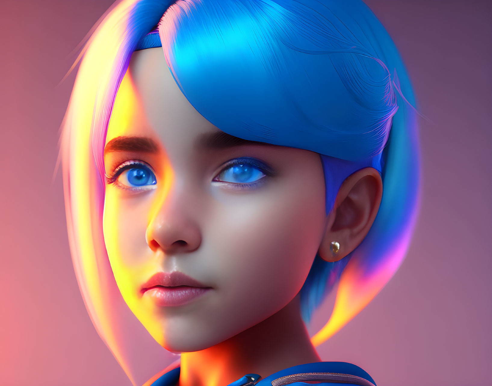 3D-rendered portrait of girl with blue hair and neon glow