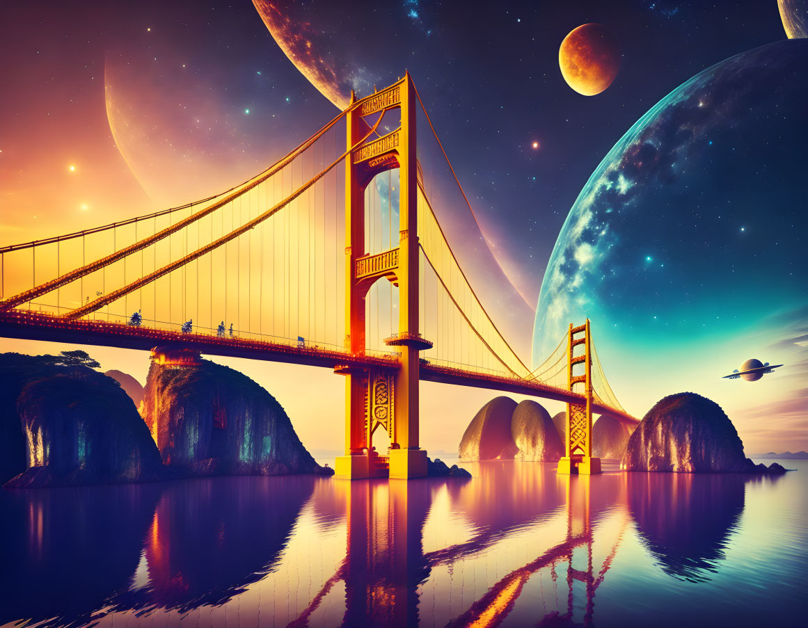 Iconic bridge in fantasy landscape with celestial bodies, reflective water, rock formations, and flying saucer