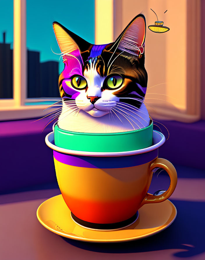 Vibrant Cat Illustration in Coffee Cup Stack with Cityscape Background