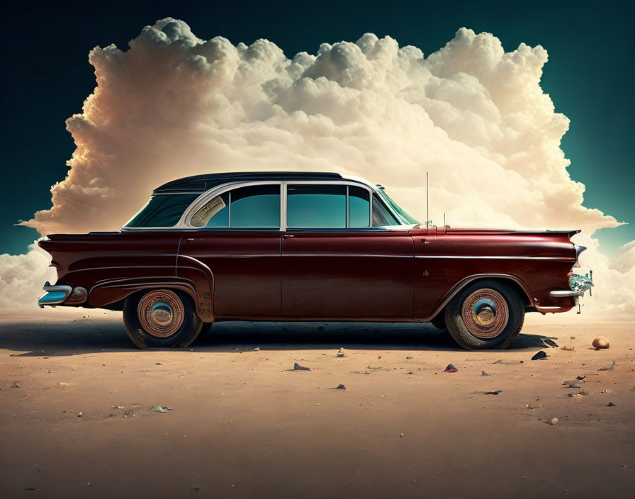 Red Classic Car Parked on Deserted Plain with Dramatic Cloud Formation