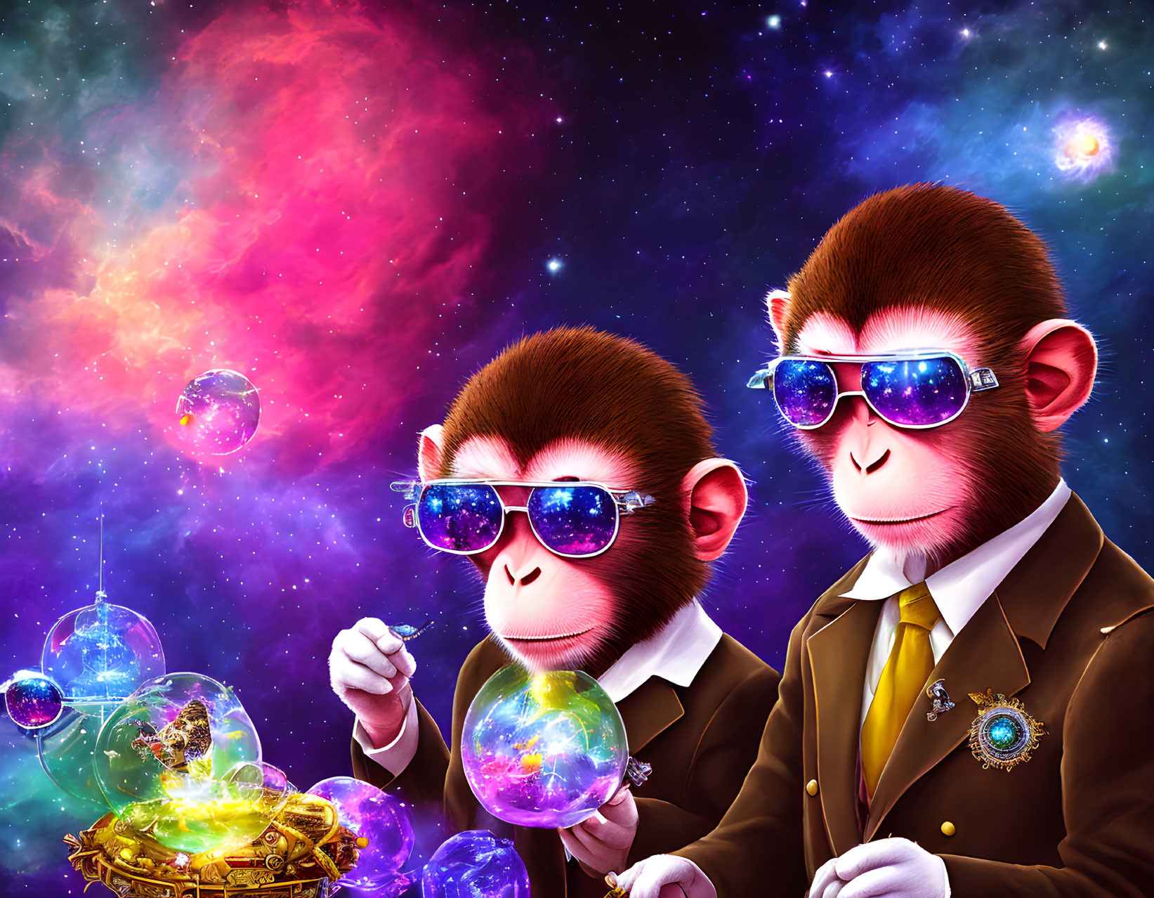 Stylish monkeys in suits and sunglasses on vibrant cosmic backdrop