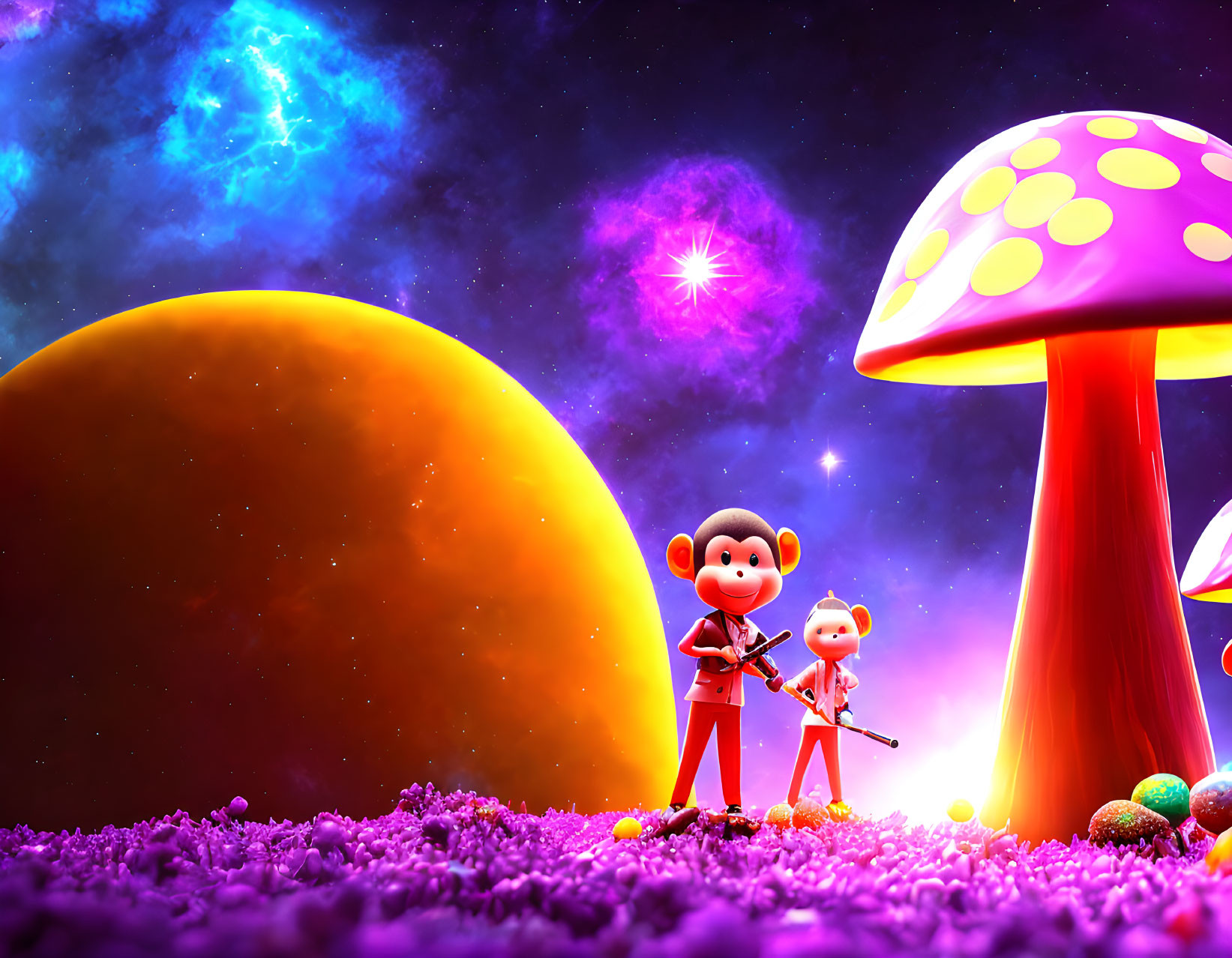 Animated monkeys in spacesuits on alien planet with giant mushrooms and orange planet.