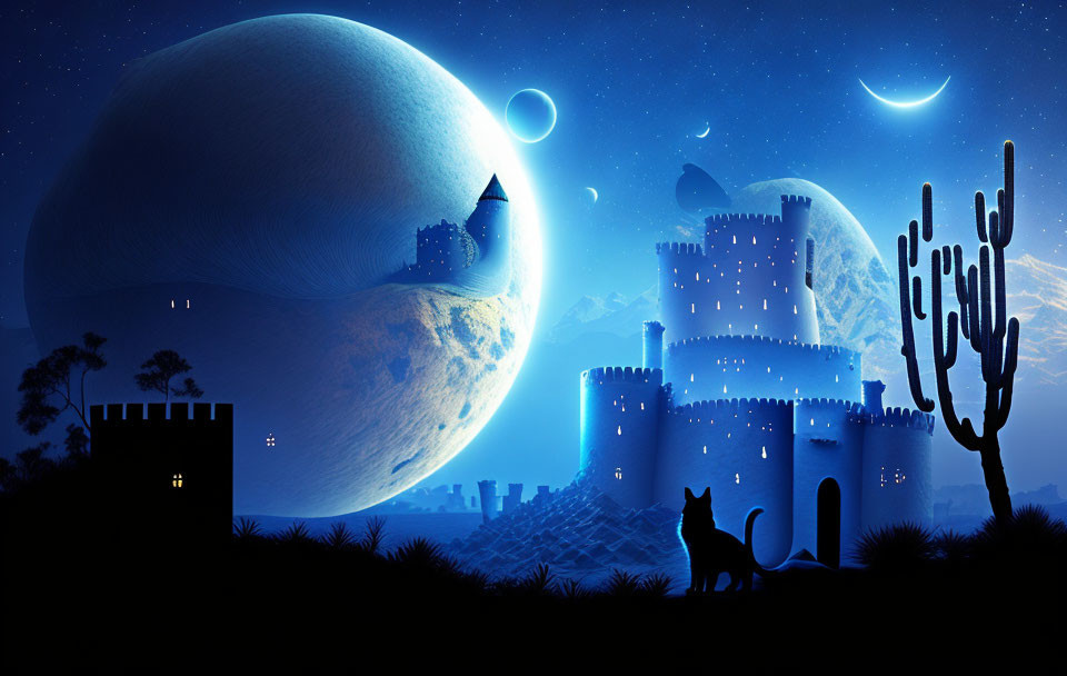 Fantasy night landscape with moon, castle, cacti, cat, and starry sky