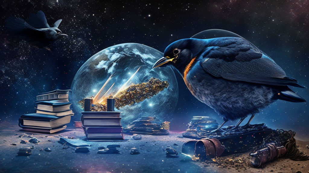 Surreal image featuring large bird, glowing globe, books, and celestial elements