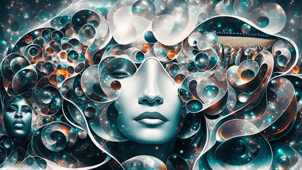 Surreal digital artwork: Woman's face with cosmic bubbles in blue, bronze, and white.