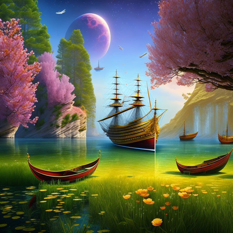 Colorful Fantasy Landscape with Sailing Ships, Trees, Birds, and Moon