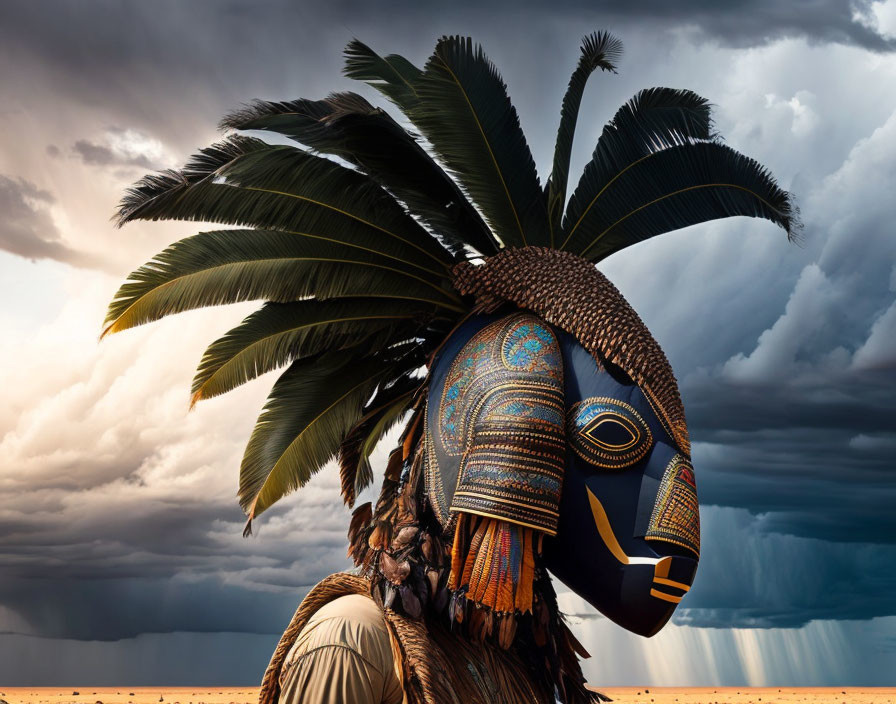 Elaborate tribal mask with feather headdress under stormy sky